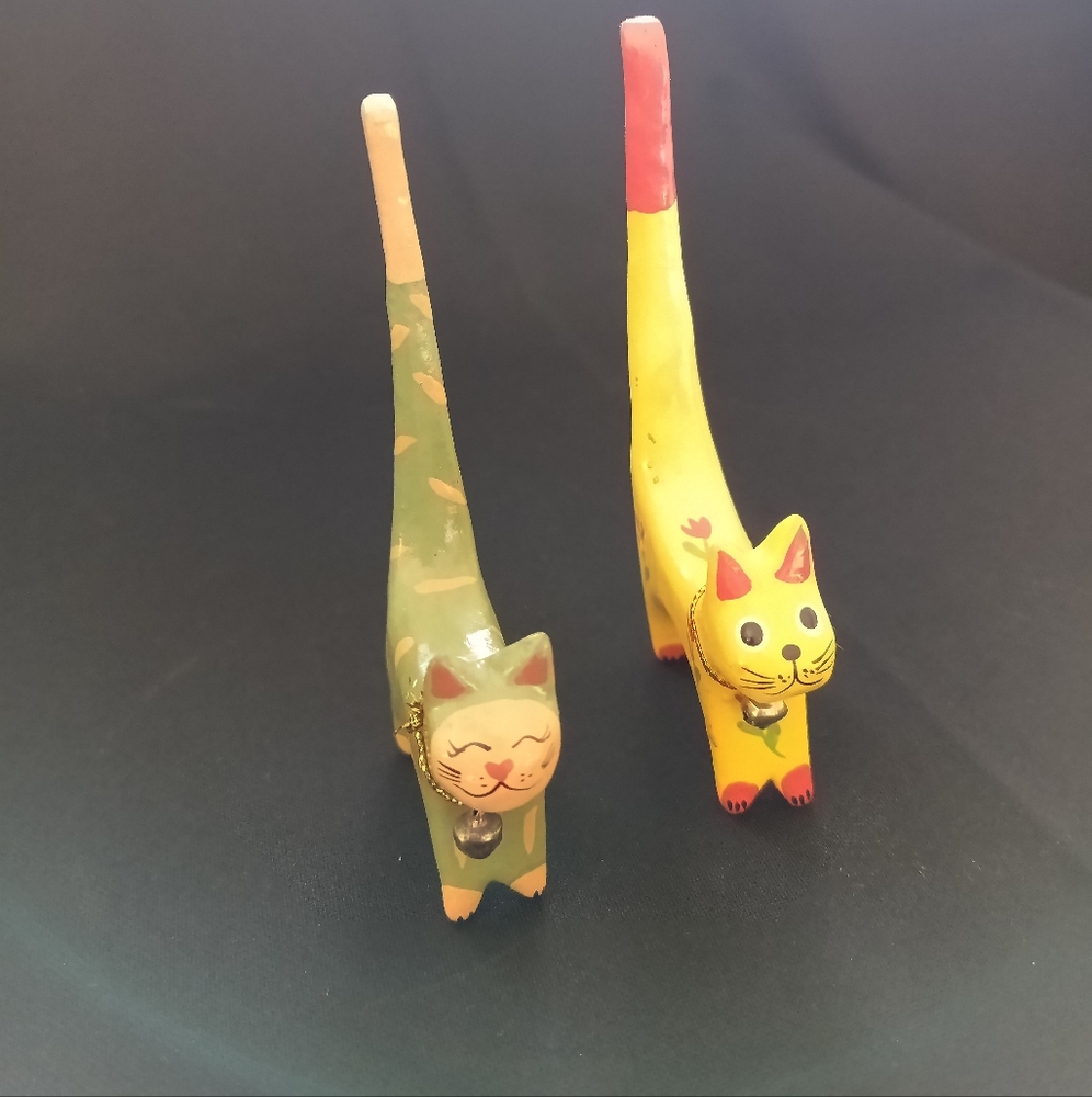 Two Handcrafted Wood Mini Cat Figurines - Green and Yellow - Picture 6 of 17